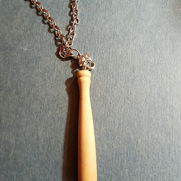 Handmade Jewelry - Baseball Bat 3" Wooden Pewter Silver 36" Chain Necklace